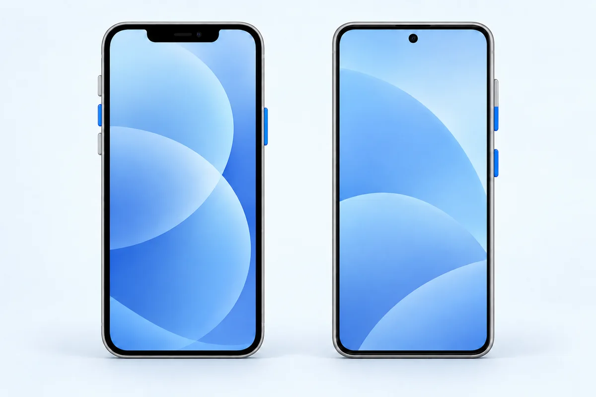 Phone buttons: iPhone on the left highlights Volume up and Side; Android example on the right highlights Volume down and Power